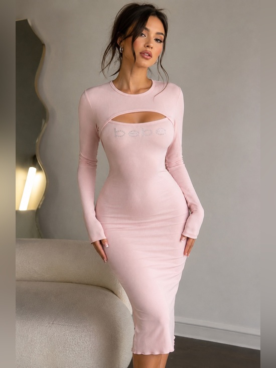 bebe Dresses & Skirts - Bebe Y2K Rhinestone Logo Cutout Bodycon Midi Dress Blush Pink Ribbed Size M